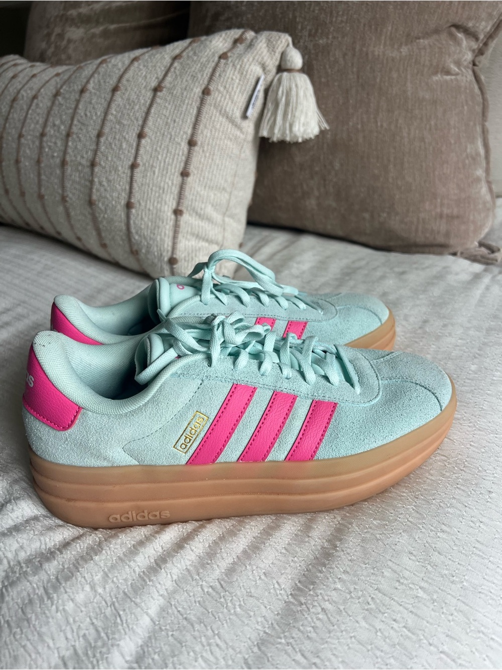 adidas Women light blue Suede Sneakers with Pink Stripes
